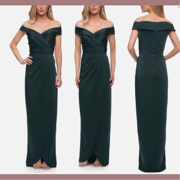 NWT‎ $365 La Femme [SZ 14 ] Surplice Off the Shoulder Column Gown Emerald green - Picture 1 of 14